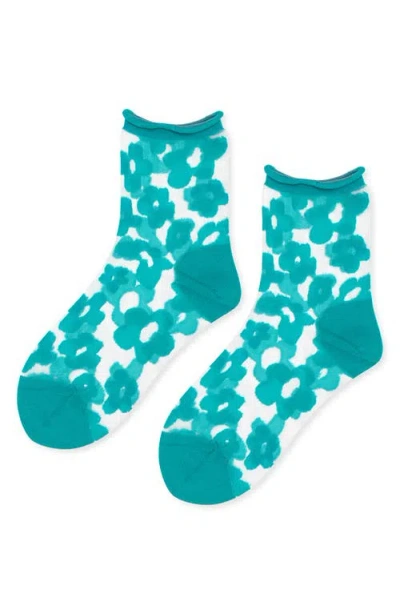 Hansel From Basel Poppy Flower Sheer Crew Socks In Green