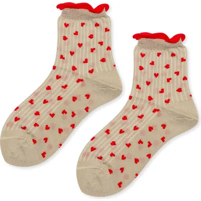 Hansel From Basel Spiffy Hearts Short Crew Socks In Beige