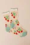 Hansel From Basel Wild Strawberry Beige And Green Sheer Embroidered Socks In Blue