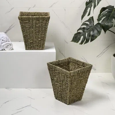 Happimess Alden Rustic Bohemian Handwoven Seagrass 2.3-gallon Tapered Square Wicker Wastebasket In Natural