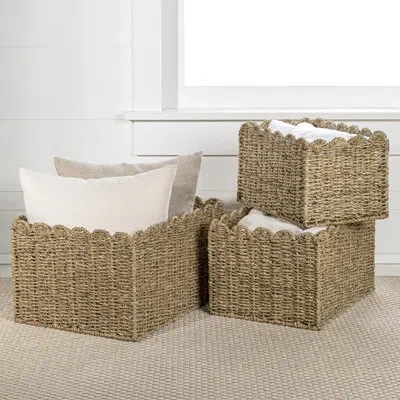 Happimess Arden Coastal Cottage Seagrass Scalloped Rectangular Organizing Storage Baskets (set Of 3) In Natural