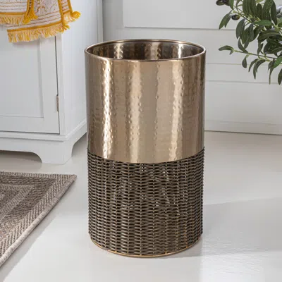 Happimess Asher Modern 4.13-gallon 2-tone Faux Wicker/metal Cylinder Waste Basket, Black/natural In Metallic