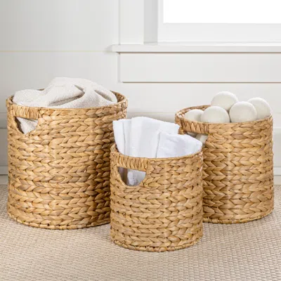 HAPPIMESS AVERY BOHEMIAN COTTAGE HANDWOVEN HYACINTH CYLINDER NESTING BASKETS WITH HANDLES (SET OF 3)