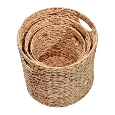 Happimess Avery Bohemian Cottage Handwoven Hyacinth Cylinder Nesting Baskets With Handles (set Of 3) In Brown