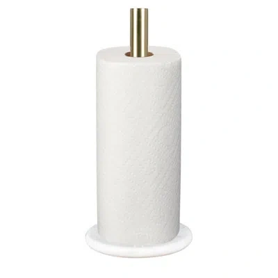 Happimess Avery Modern Classic Wood With Non Slip Weighted Marble Base Paper Towel Holder In Gold,white Marble