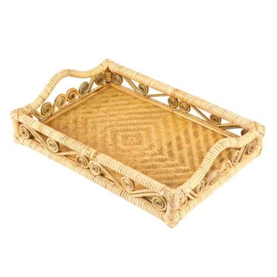 Happimess Baron Handcrafted Rattan/wood Webbing Rectangular Woven Scroll Decorative Serving Tray Wit In Brown