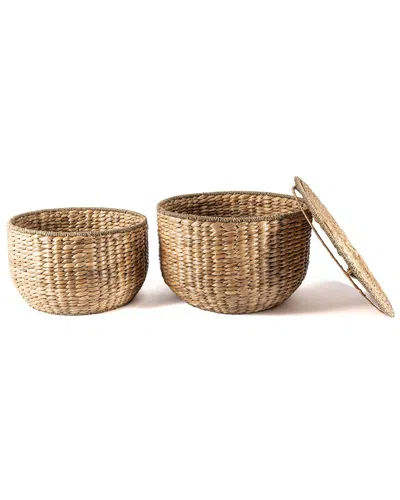 Happimess Bhola 18in Hourglass Handwoven Hyacinth Storage Accent Table With Lid In Brown