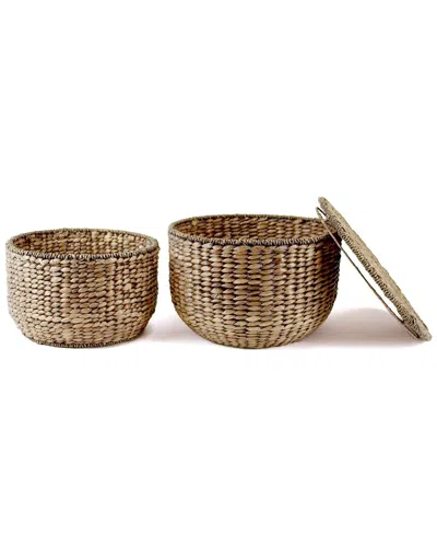 Happimess Bhola 18in Hourglass Handwoven Hyacinth Storage Accent Table With Lid In Brown