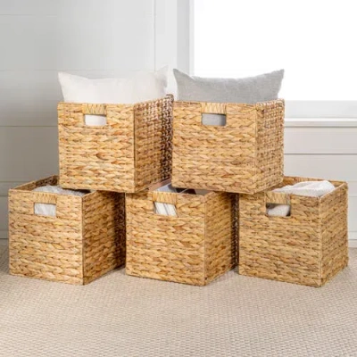 Happimess Bryce Classic Farmhouse Handwoven Hyacinth Collapsible Storage Cube Baskets With Handles, In Neutral