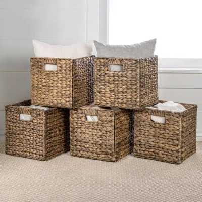 Happimess Bryce Classic Farmhouse Handwoven Hyacinth Collapsible Storage Cube Baskets With Handles, In Brown