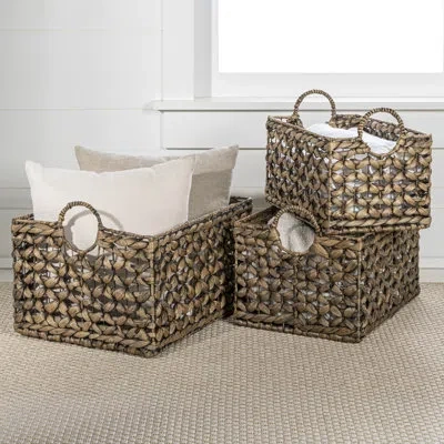 Happimess Burruss Bohemian Cottage Woven Hyacinth Rectangular Storage Baskets With Handles (set Of 3) In Brown
