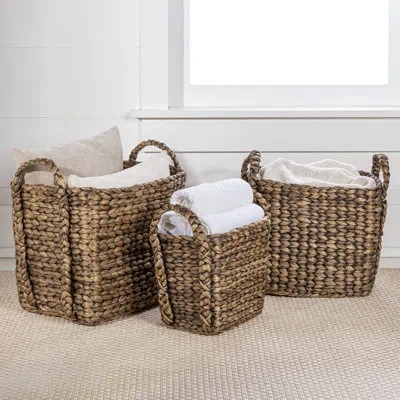Happimess Burson Farmhouse Classic Handwoven Hyacinth Rectangle Storage Floor Baskets With Handles (set Of 3) In Brown