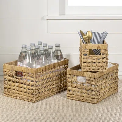 Happimess Bushong Bohemian Cottage Handwoven Hyacinth Rectangular Nesting Baskets With Handles (set Of 3) In Natural