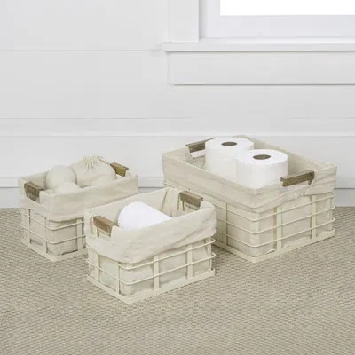 Happimess Callan Vintage Industrial Handmade Wire Metal Nesting Storage Baskets With Wood Handles And Fabric L In Almond