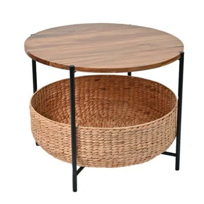 Happimess Carly 24.21" Modern Coastal Round Acacia Wood/water Hyacinth Coffee Table With Storage Bas