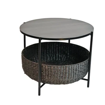 Happimess Carly 24.21" Modern Coastal Round Acacia Wood/water Hyacinth Coffee Table With Storage Bas