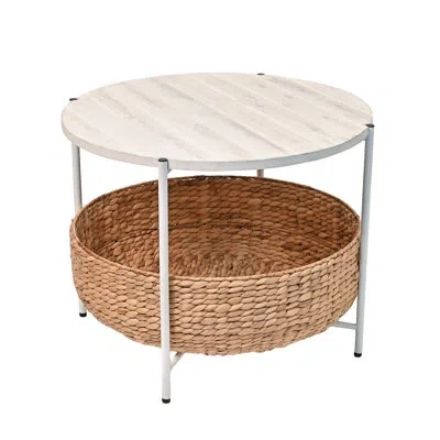 Happimess Carly 24.21" Modern Coastal Round Acacia Wood/water Hyacinth Coffee Table With Storage Basket In White
