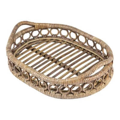 Happimess Cassini Handcrafted Rattan Oval Geometric Loop Ring Decorative Serving Tray With Handles A In Brown