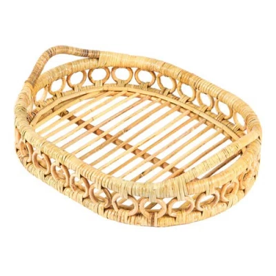 Happimess Cassini Handcrafted Rattan Oval Geometric Loop Ring Decorative Serving Tray With Handles A In Yellow