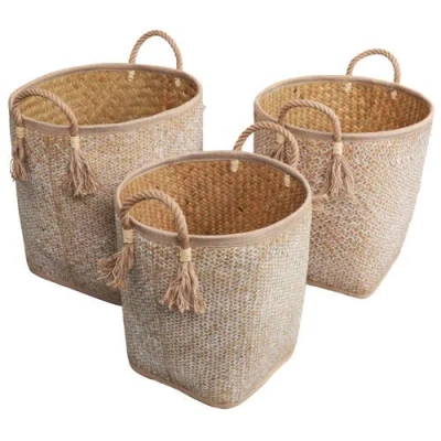 Happimess Celia Handwoven Palm Leaf Nesting Storage Baskets With Rope Handles In Brown