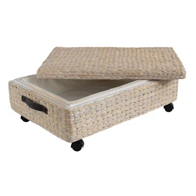 HAPPIMESS CHETT MINIMALIST HAND-WOVEN HYACINTH/WOOD UNDERBED STORAGE BIN WITH WHEELS AND HANDLES