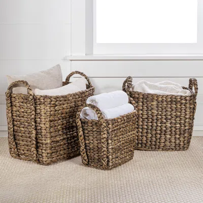 HAPPIMESS CLARA FARMHOUSE CLASSIC HANDWOVEN HYACINTH RECTANGLE STORAGE FLOOR BASKETS WITH HANDLES (SET OF 3)