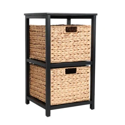 Happimess Cohen Coastal Bohemian Handcrafted Acacia Wood 2-tier Storage Cabinet With 2 Water Hyacint In Black