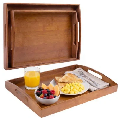 Happimess Elora Set Of 2 Handcrafted Nesting Serving Trays With Handles In Brown