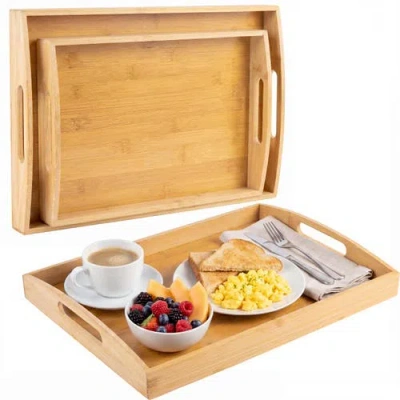 Happimess Elora Set Of 2 Handcrafted Nesting Serving Trays With Handles In Brown