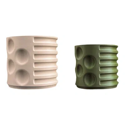 Happimess Elvin Geometric Indoor Brutalist Style Eco-friendly 3d Printed Planters With Drainage (set Of 2) In Sand,olive