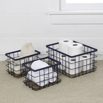 Happimess Evvie Vintage Farmhouse Handmade Wire Metal Nesting Storage Baskets With Wood Base (set Of 3) In Navy,natural