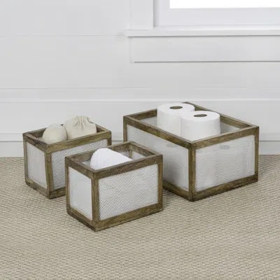Happimess Fallon Modern Minimalist Handmade Wooden Metal Nesting Storage Baskets (set Of 3) In White,natural