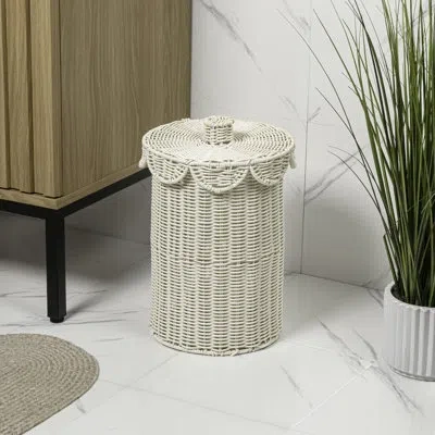 Happimess Fern Modern Bohemian Resin 2.9-gallon Cylinder Wicker Wastebasket With Scalloped Lid In White