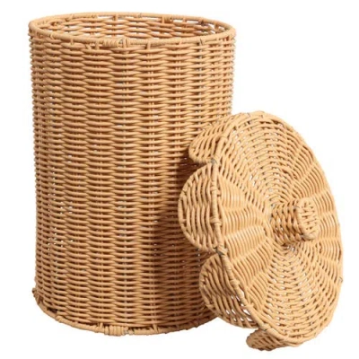 Happimess Fern Resin 2.9-gallon Cylinder Wicker Watebasket With Scalloped Lid In Brown