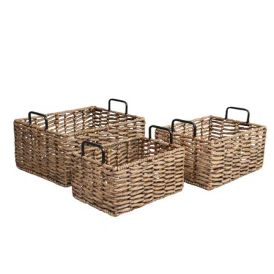 Happimess Handwoven Water Hyacinth Nesting Storage Baskets With Metal Handles In Brown