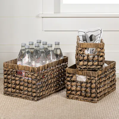 Happimess Hayden Bohemian Cottage Handwoven Hyacinth Rectangular Nesting Baskets With Handles (set Of 3)