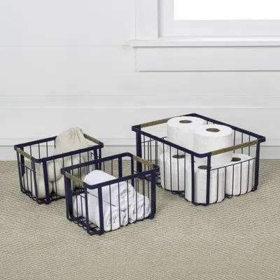 Happimess Henley Vintage Farmhouse Handmade Wire Metal Nesting Storage Baskets With Jute Wrapped Handles (set  In Navy