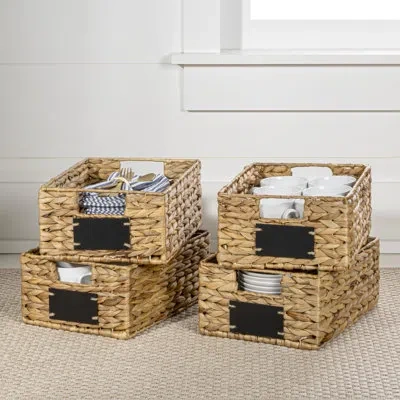 Happimess Lane 12" Classic Farmhouse Handwoven Hyacinth Pantry Baskets With Chalkboard Labels And Handles In Natural