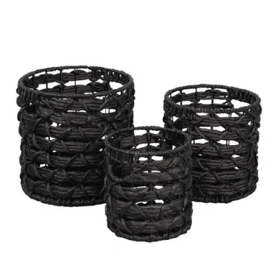 Happimess Lattice Bohemian Coastal Handwoven Water Hyacinth Rope Nesting Baskets With Handles In Black