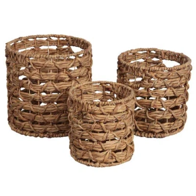 Happimess Lattice Bohemian Coastal Handwoven Water Hyacinth Rope Nesting Baskets With Handles In Brown
