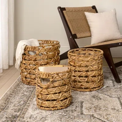Happimess Lattice Bohemian Coastal Handwoven Water Hyacinth Rope Nesting Baskets With Handles, Natural (set Of In Brown
