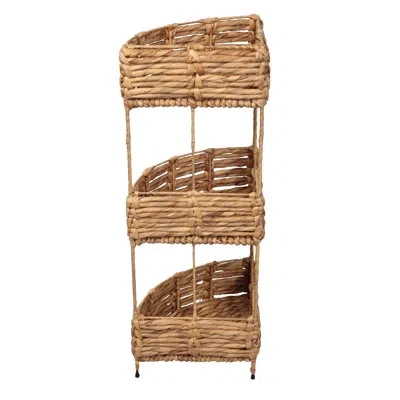 Happimess Lavish 32.5 In. H Coastal Handwoven Water Hyacinth 3-tier Corner Freestanding Storage Rack With Meta In Brown