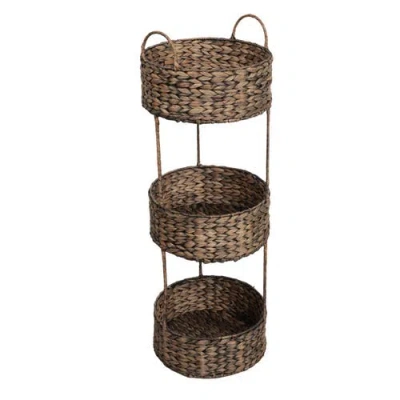Happimess Levity Coastal Handwoven Water Hyacinth 3-tier Round Freestanding Storage Rack With Metal  In Brown