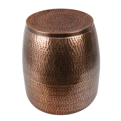 Happimess Merida 19" Modern Rustic Hammered Metal Drum Storage Side Table With Lid In Antique Copper