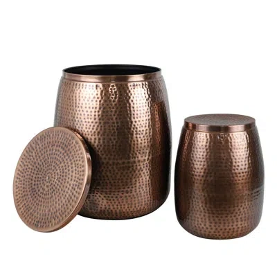 Happimess Merida Modern Rustic 2-piece Hammered Metal Drum Storage Side Tables With Lids In Antique Copper