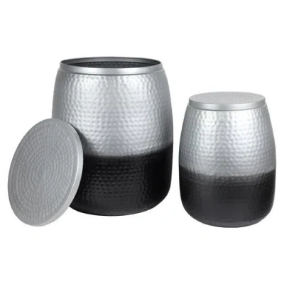 Happimess Merida Modern Rustic 2-piece Hammered Metal Drum Storage Side Tables With Lids In Silver