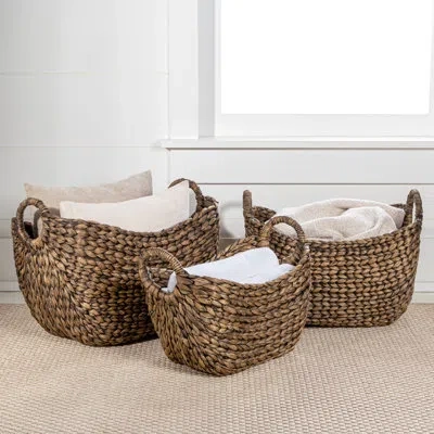 Happimess Nellie Farmhouse Classic Handwoven Hyacinth Storage Boat Baskets With Handles (set Of 3) In Brown