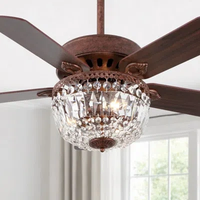 Happimess Neva 42" 3-light Rustic Industrial 6-speed Metal/crystal Bowl Shade Mobile-app/remote-controlled Led In Brown