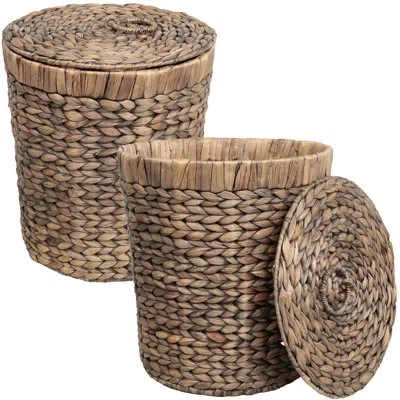Happimess Nora Coastal Bohemian Handwoven Water Hyacinth 5.7-gallon Tapered Round Wicker Wastebasket With Lid In Brown