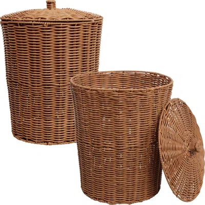 Happimess Ollie Resin 4.7-gallon Tapered Round Wicker Watebasket With Lid In Brown